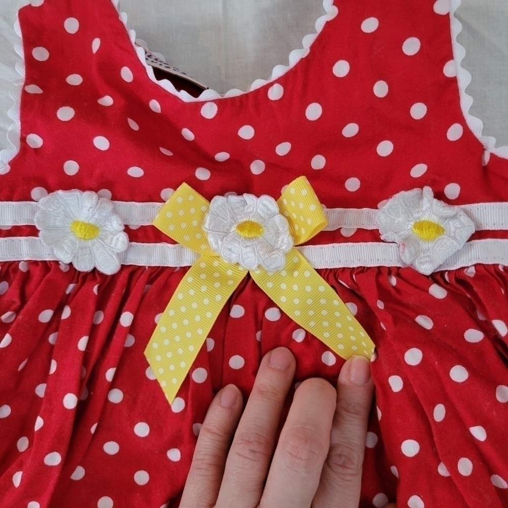 Blueberi Boulevard red polka dot eyelet lace trim summer dress 12m - Picture 2 of 5